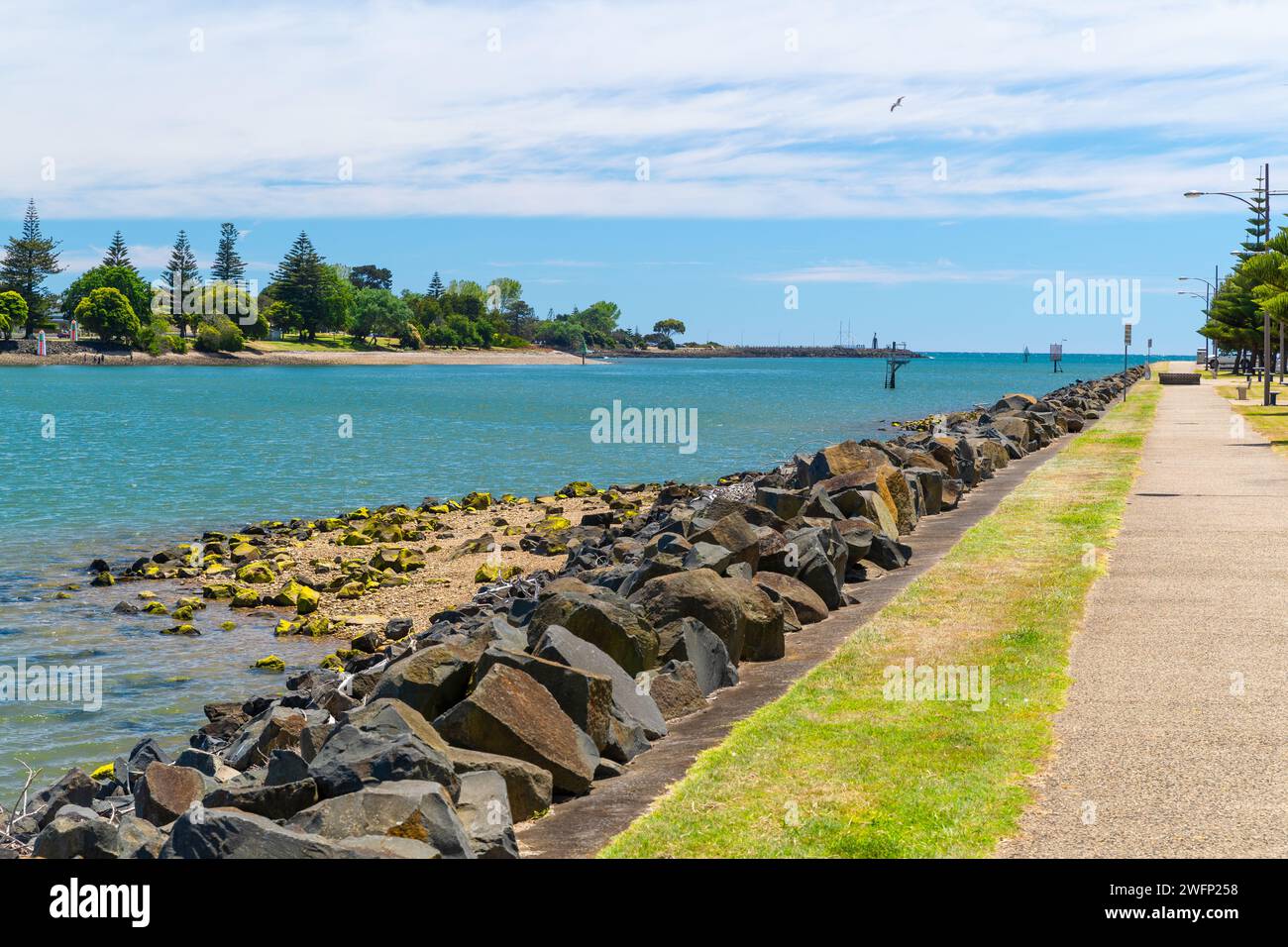 The Mersey River and Devonport in Tasmania, Australia, seen from the Heritage Walking Track in East Devonport. Stock Photo