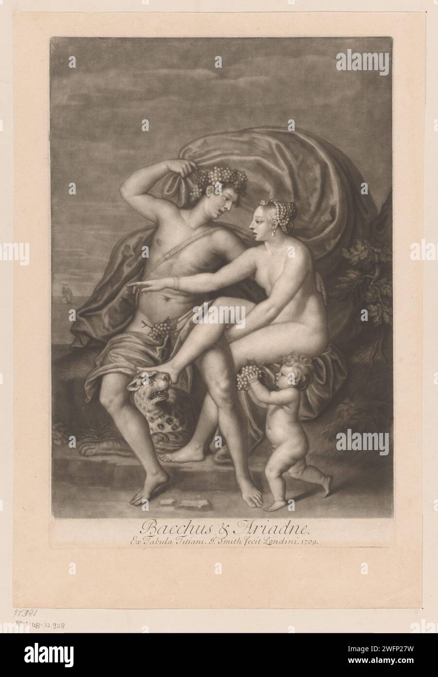 Bacchus finds Ariadne on Naxos, John Smith (print maker/ publisher), after Giovanni Jacopo Caraglio, After Perino del Vaga, After Titian, 1709 print  London paper  Bacchus finds Ariadne on Naxos Stock Photo