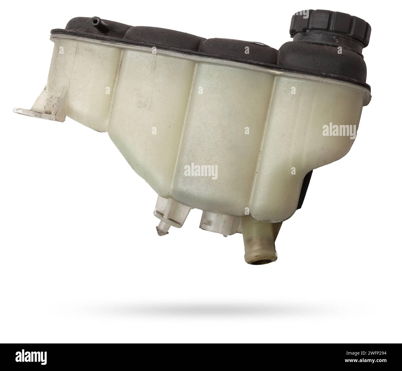 Coolant expansion tank white on an isolated background with black details. A unit of a liquid