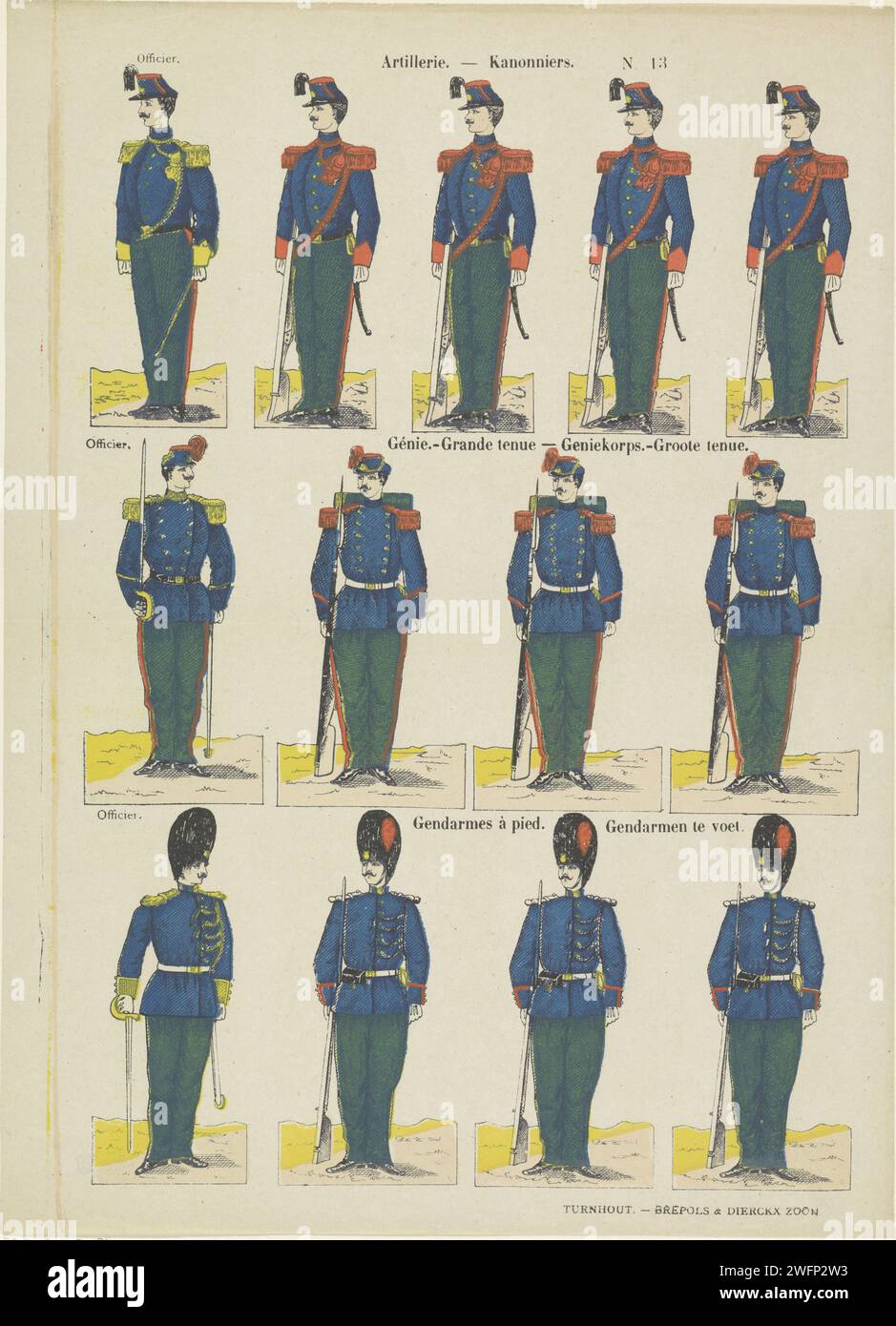 Artillery / Kanonniers / Genie. -Grande held / Griekorps Groote Double / Gendarmes on foot / Gendarmen Te Voet, 1833 - 1911 print Leaf with 3 horizontal rows with a total of 13 performances of officers and soldiers with guns. Numbered at the top right: N. 13. Turnwood paper letterpress printing the soldier; the soldier's life Stock Photo