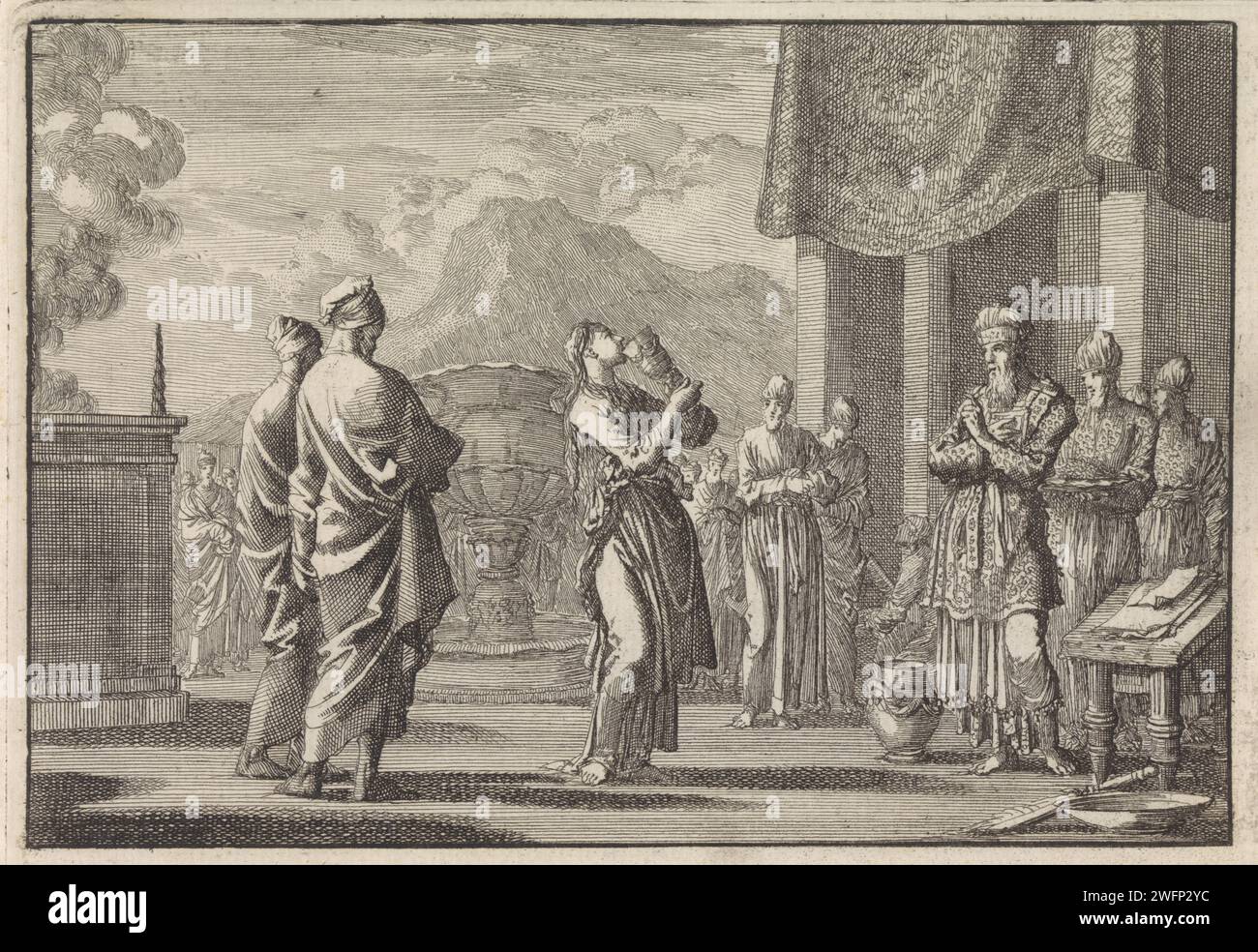 Ceremony that tests female unfaithfulness, Jan Luyken, 1703 print  Print Maker: Haarlem Publisher: Amsterdam paper etching ordealing an adulterous woman (Jewish law) Stock Photo