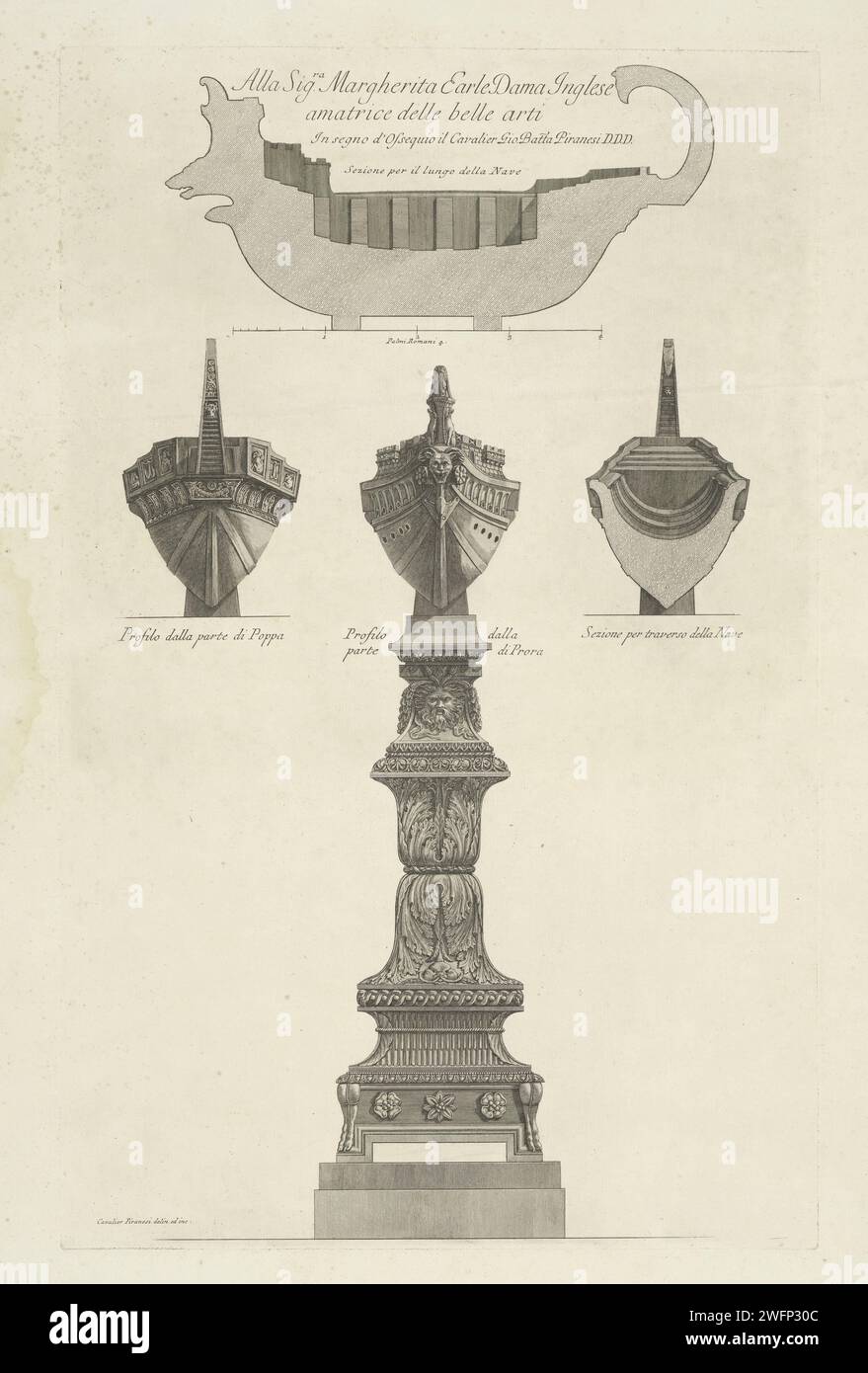 Marble Trireem on a pedestal, Giovanni Battista Piranesi, 1778 print A marble trireem (warship from antiquity) on an ornamental pedestal. Around different views and sections of the Trireem. Captions for the various performances. Assignment above performance. Rome paper etching piece of sculpture, reproduction of a piece of sculpture. military vehicles (+ naval force) Stock Photo