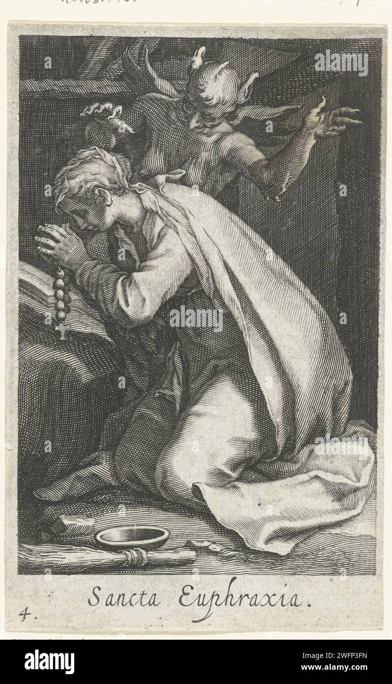 Holy Euphrasia of Constantinople as a recluse, Boëtius Adamsz. Bolswert, after Abraham Bloemaert, 1619 print The holy Euphrasia of Constantinople kneels in prayer her recluse cell while a devil tries to tempt her. On the Verso is a fragment French text from the edition. print maker: Amsterdampublisher: Low Countriespublisher: Antwerp paper engraving female saints. anchorite, hermit. devil(s) and demons Stock Photo