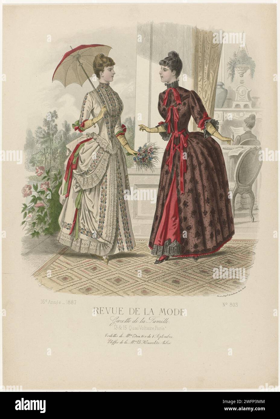 Fashion review, family gazette, Sunday May 22, 1887, 16th year, No. 803:  toilets of Mme Edon (...), P. Deferneville, 1887 Two women on a terrace, in  the background a reading woman in