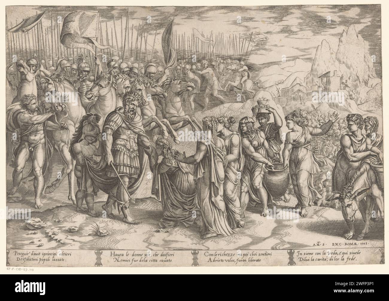 Het Aanbod Van Abigaïl, Anonymous, Antonio Salamanca, After Baccio Bandinelli, After Giulio Romano, 1543 print Abigaïl kneels for King David and his army. Abigaïl and her service stomachs bring the men's drinks and food. Fresh in four columns in Latin in STUPMEP. print maker: Italyafter design by: Italyafter design by: Italypublisher: Rome paper engraving meeting of David and Abigail, who kneels before him Stock Photo