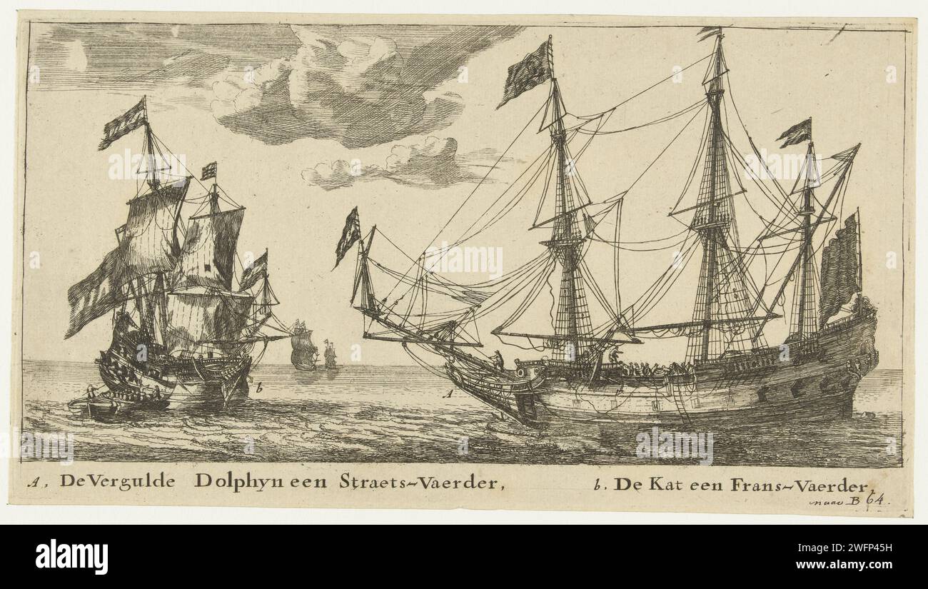 The ships the gilt dolphin and the cat, anonymous, after Reinier Nooms