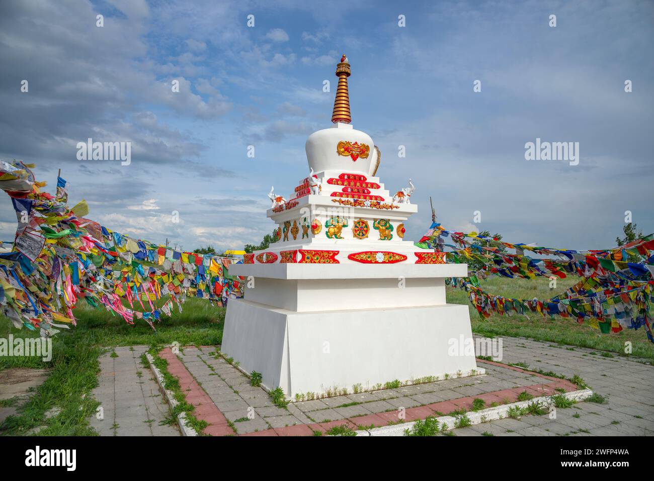 ELISTA, RUSSIA - JUNE 04, 2023: Buddhist stupa on the territory of the ancient hurula of Shakyusn-Syume. Elista. Kalmykia Stock Photo