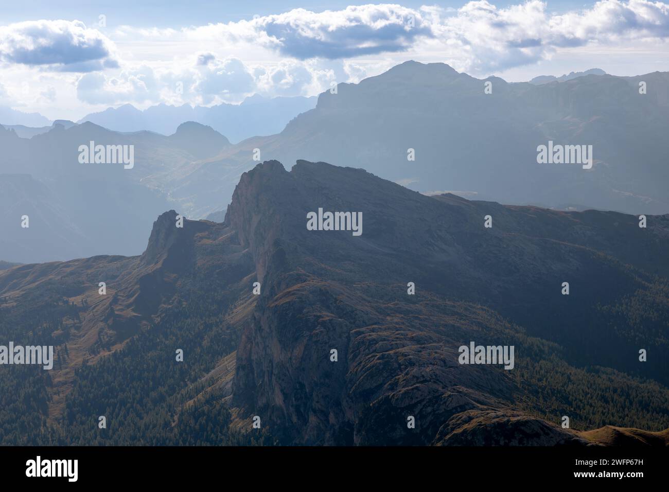 View from the summit of Lagazuoi mountain to Sella group and Piz Boe, dolomites, Italy, in back light Stock Photo