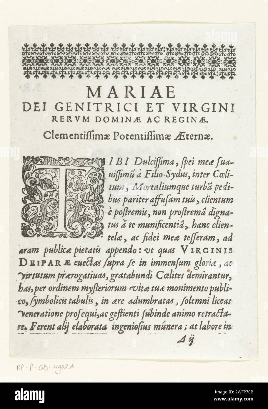 Lofzang on Maria, belonging to the emblem series 'Life of Maria in Emblemen', 1625 - 1629 text sheet A praising text, addressed to Mary, stated in Latin prose. This magazine (printed on both sides) is part of the first state of the emblem series 'Life of Maria in Emblemen', which includes two hydrangations and 26 emblems in addition to a title page and this hymn. Francepublisher: Franceprint maker: Nancy paper letterpress printing Stock Photo