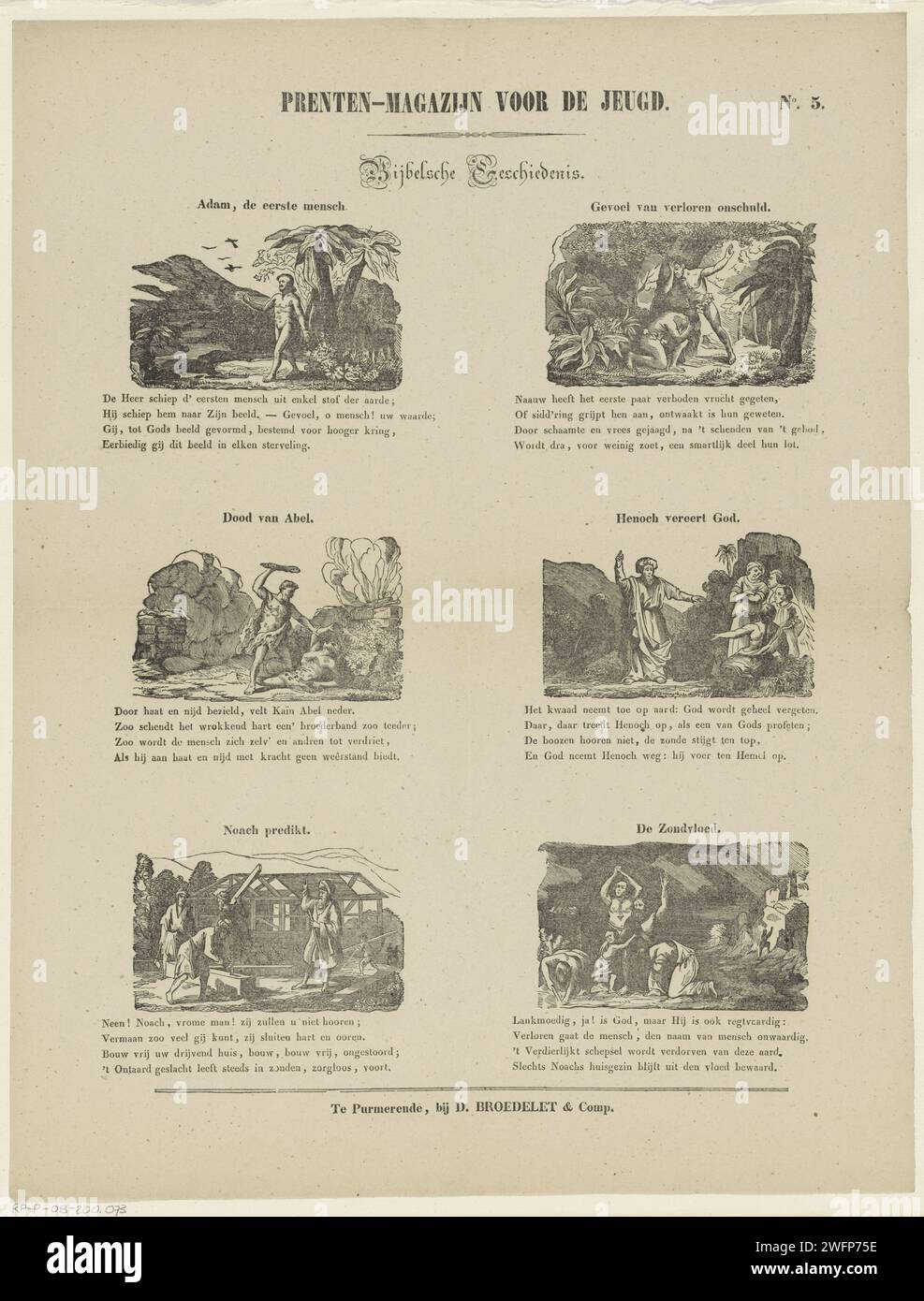 Scenes from the Old Testament, Daniël Broedelet, 1839 - 1841 print Leaf with 6 performances of stories from the Old Testament, such as the death of Abel and Noah who preaches. Above each performance a title and a four -line verse below each performance. Numbered at the top right: No. 5. Purmerend paper letterpress printing Adam as founder, initiator. story of Noah. Abel's death Stock Photo