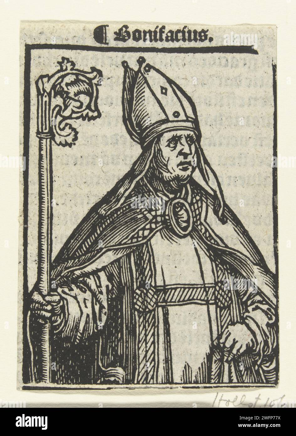 Portrait of Bishop Boniface, Lucas van Leyden (attributed to), 1517 print Leaf from book. Boniface with miter and bishop's staff. print maker: Low Countriespublisher: Leiden paper  the martyr Boniface, 'apostle of Germany', and archbishop of Mainz; possible attributes: axe in root of tree, book pierced by a sword, fountain (springing up from under his staff), whip Stock Photo