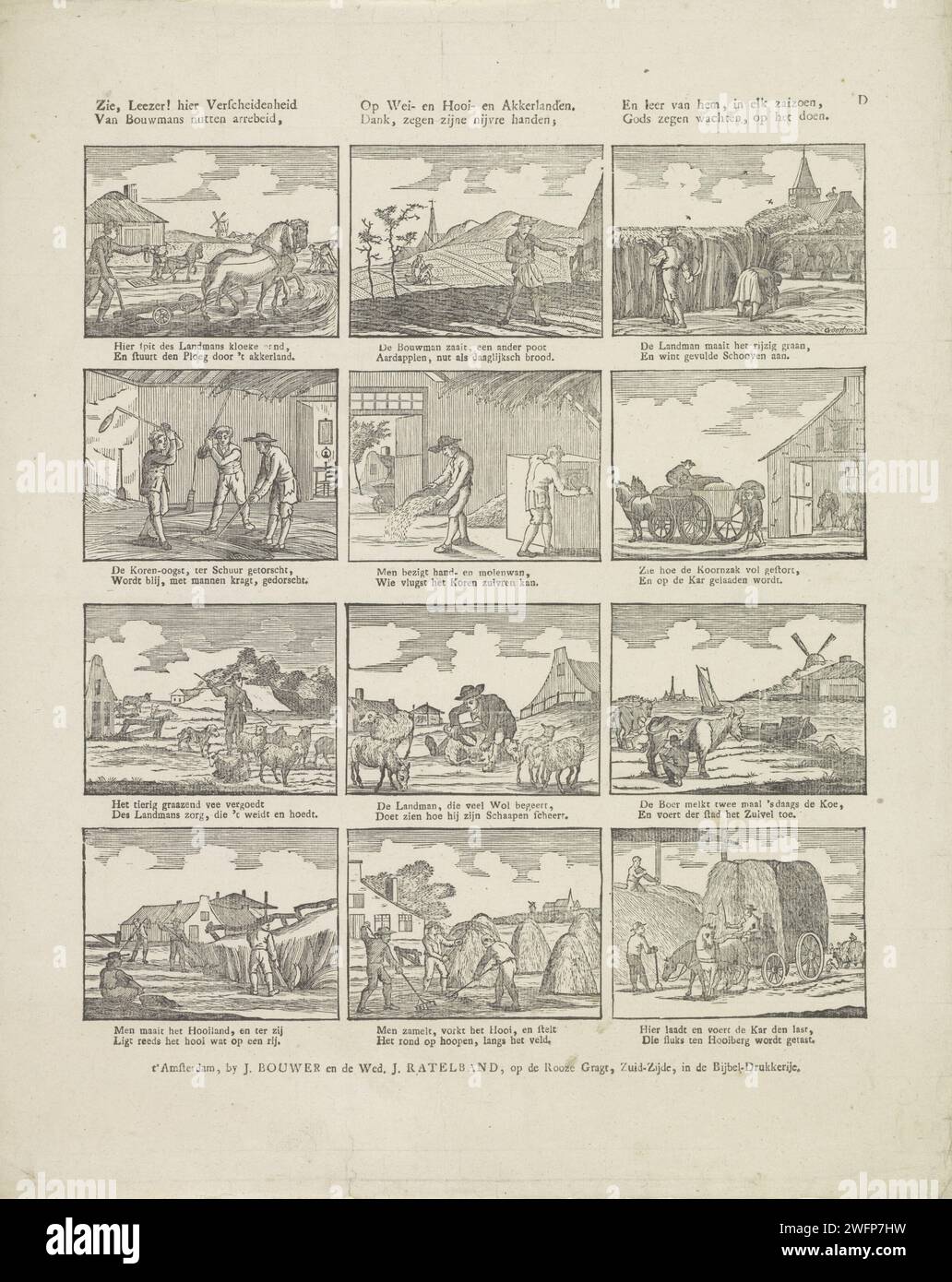 See, Leezer! Here variety / Van Bouwmans Nutten Arreceid, [(...)], 1794 - 1804 print Leaf with 12 performances of the work of the farmer in agriculture and animal husbandry. Under each image a two -way verse. Numbered at the top right: D. print maker: Netherlandspublisher: Amsterdam paper letterpress printing agriculture, cattle-breeding, horticulture, flowerculture, etc.. farmers Stock Photo