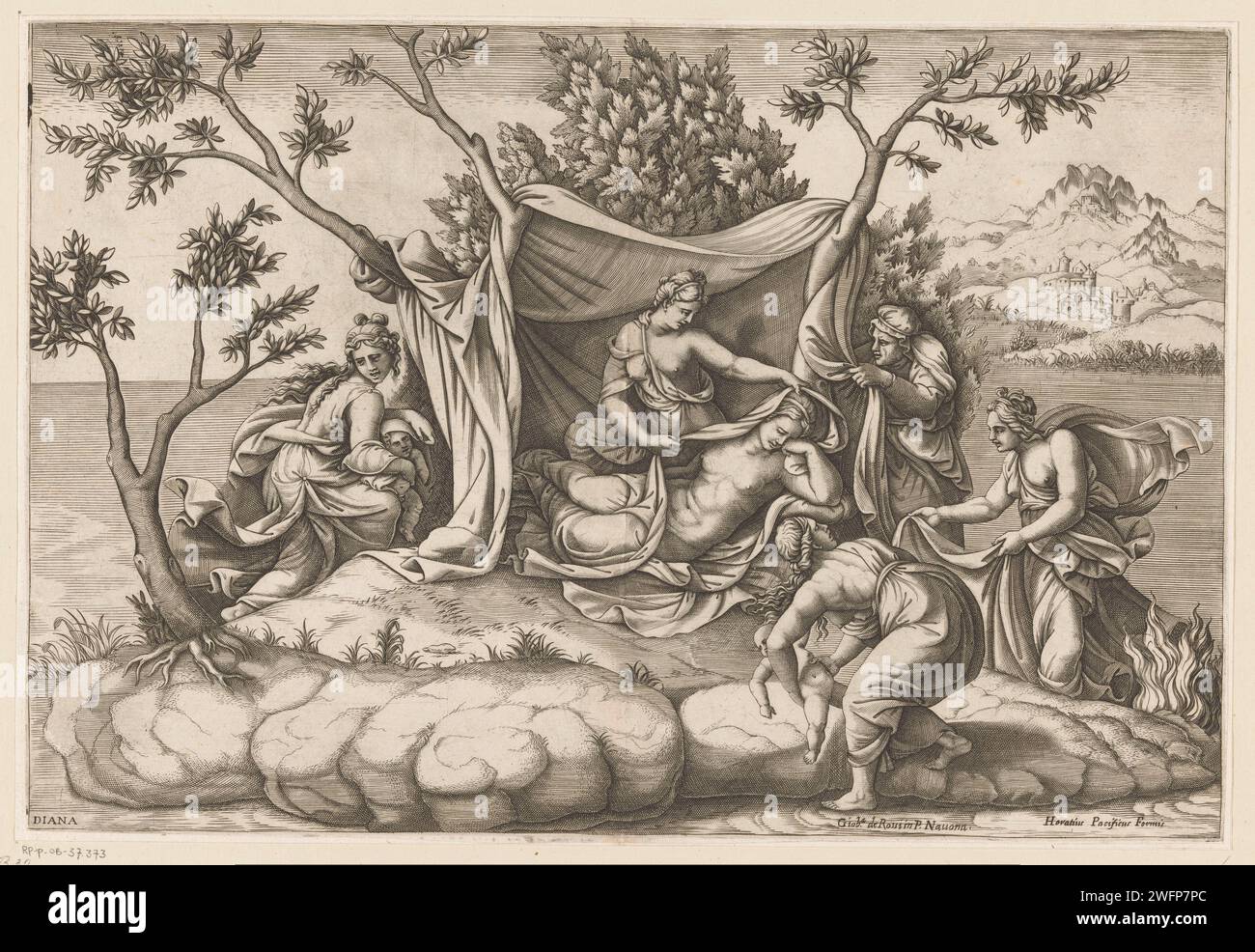 Leto na de geboorte Van Apollo en Diana, Diana Mantuana, After Giulio Romano, C. 1557 - c. 1612 print Leto after the birth of her children Apollo and Diana on the island of Delos where she was banned by Juno. print maker: Italyafter design by: Italypublisher: Rome paper engraving birth of Apollo: Latona gives birth to Apollo and Diana on the island of Delos. island Stock Photo