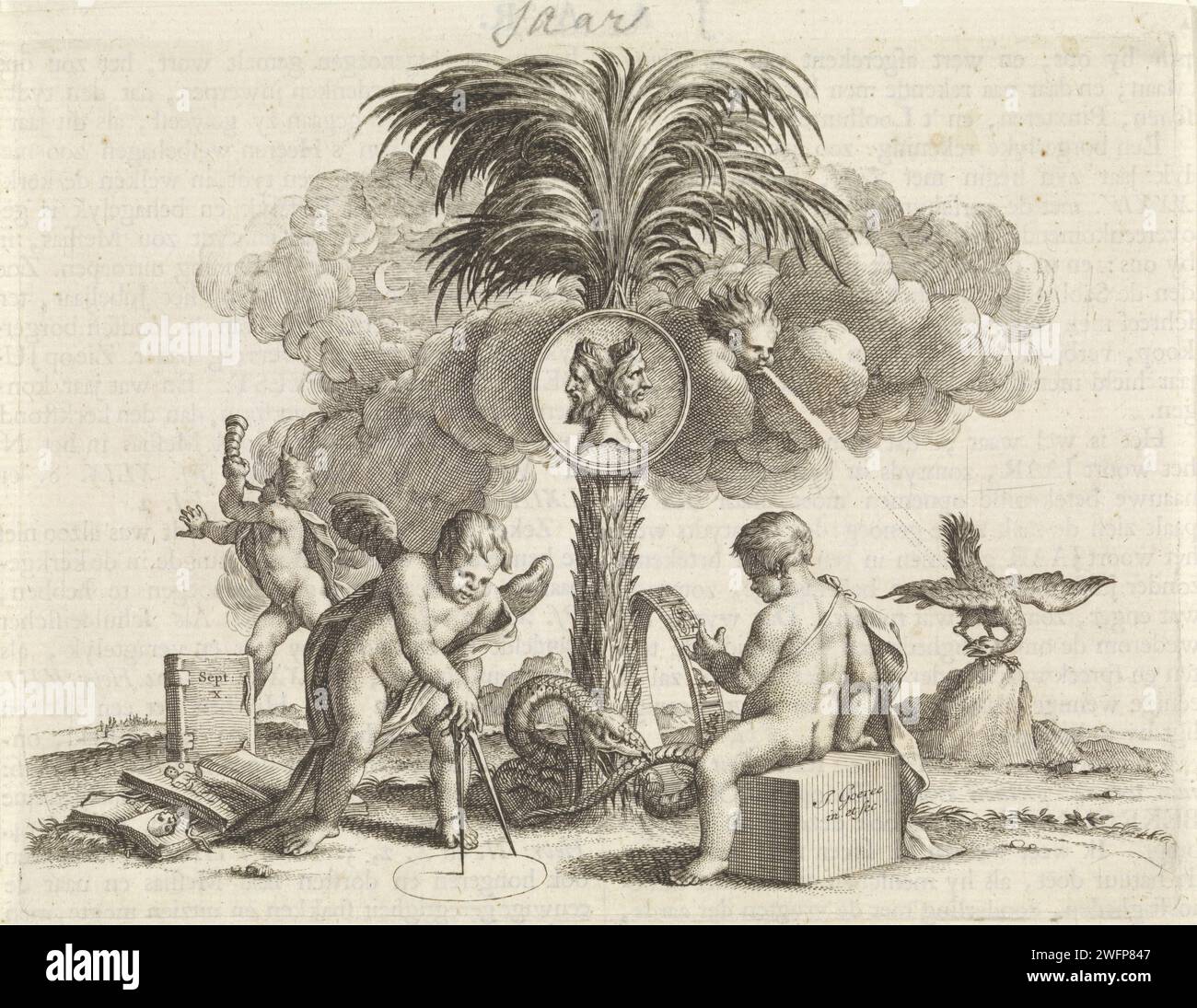 Emblem: Year, Jan Goeree, 1723 print In the middle a palm tree (symbol for the annual swing) with a medallion with the god Janus, the Roman god of the past and the future. The snake Ouroboros (symbol for eternity) turned around the tribe of the palm tree. At the foot of the palm tree the astrological zodiac. In the foreground two putti. A putto draws a circle on the floor with a passer. In the background a vulture that can be fertilized by the wind. print maker: Amsterdampublisher: Amsterdampublisher: Dordrecht paper engraving serpent Ouroboros. circle ( planimetry, geometry). predatory birds Stock Photo