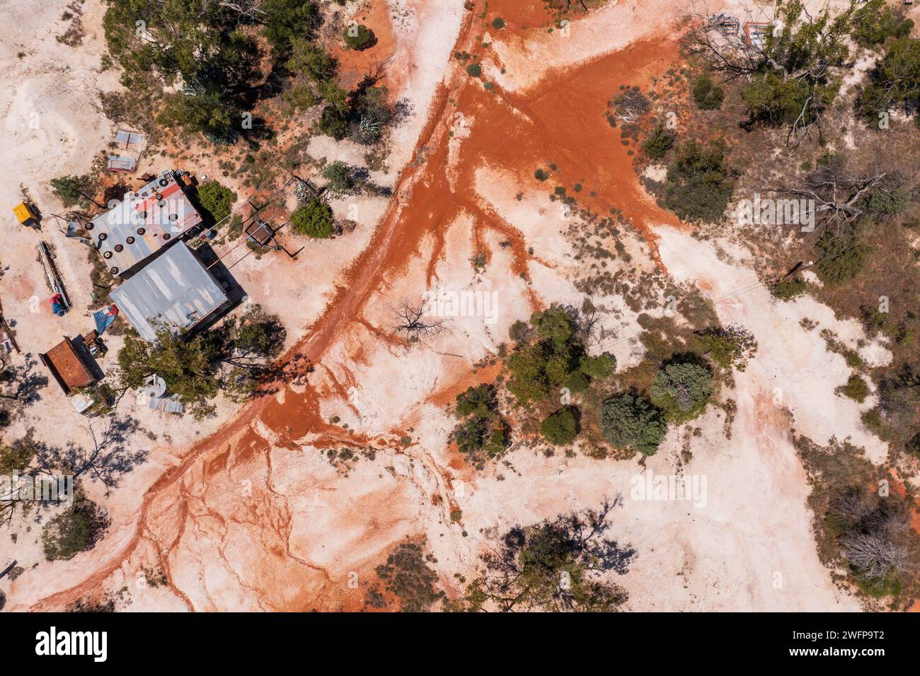 Aerial view of an opal mining camp in an outback landscape near Lightning Ridge in Out back New South Wales, Australia. Stock Photo