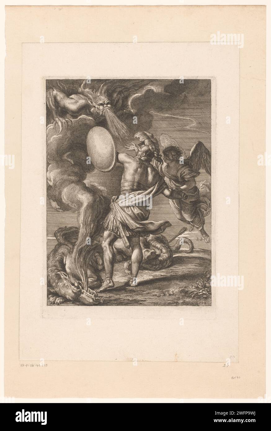 Fight between soldier and devil, Gérard Audran, after Andrea Sacchi, 1650 - 1703 print  France paper etching devil(s) and demons. angels. dragon (large fabulous serpent, sometimes with wings and legs) Stock Photo