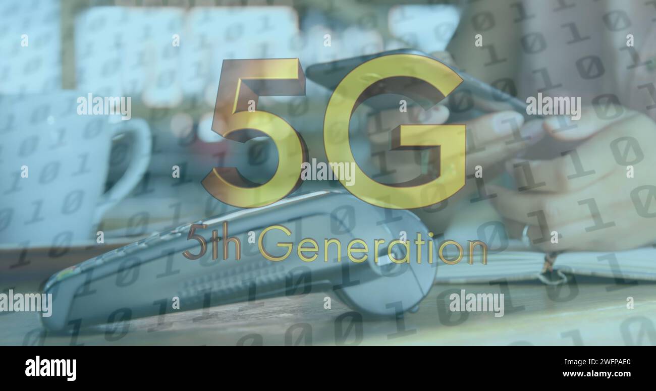 Image of 5g 5th generation text over woman paying with smartphone Stock ...