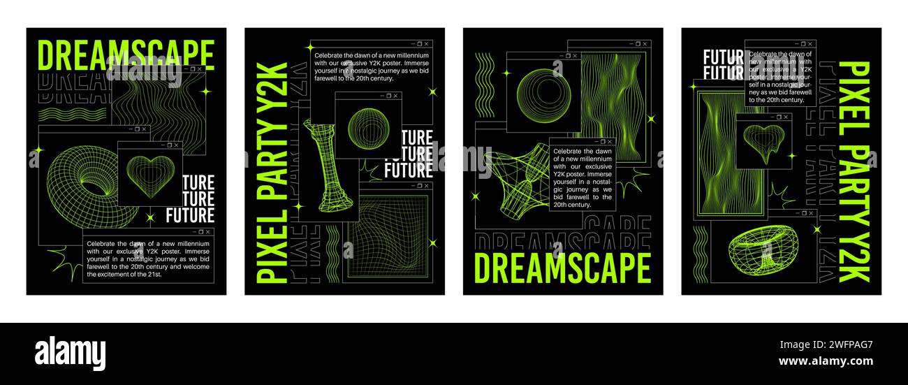 Y2k techno banners set. Vector realistic illustration of retrowave aesthetic posters with neon green wireframe torus, heart, globe on black background, text frame collage, retro futuristic vibe flyers Stock Vector