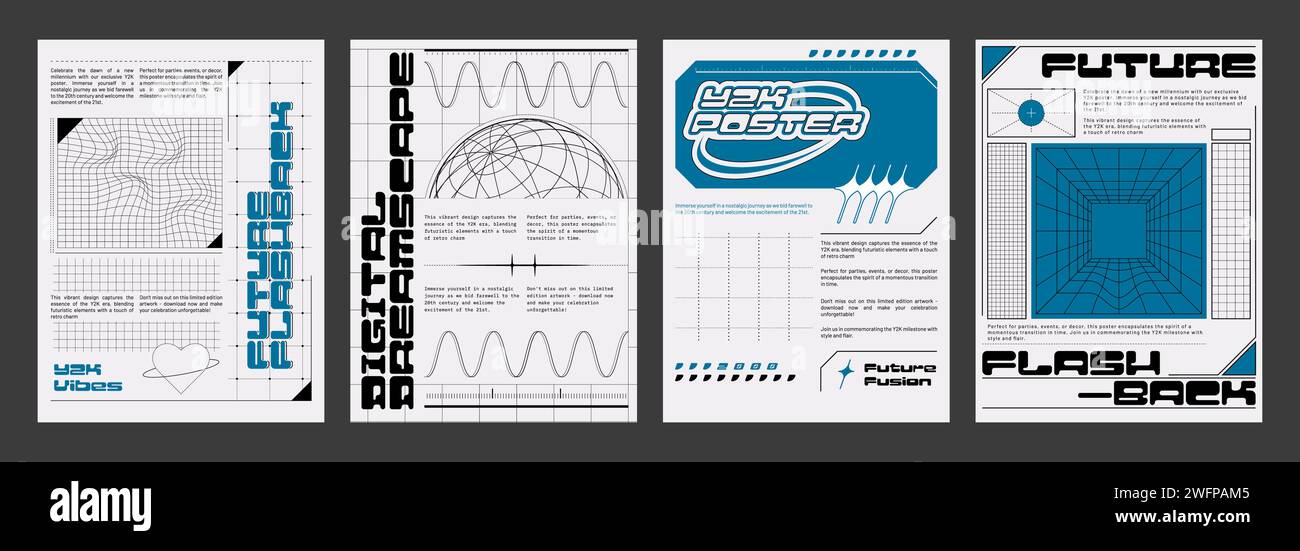 Y2k style science banners set. Vector realistic illustration of retrowave aesthetic posters with wireframe globe, perspective on blue, white background, retro futuristic vibe geometric design flyers Stock Vector
