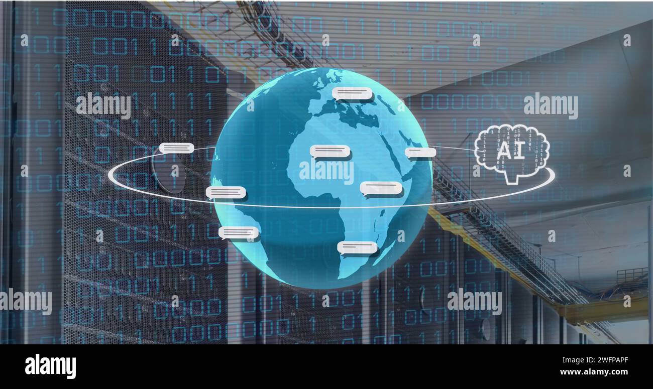 Image of ai text and icon, data processing over globe Stock Photo - Alamy