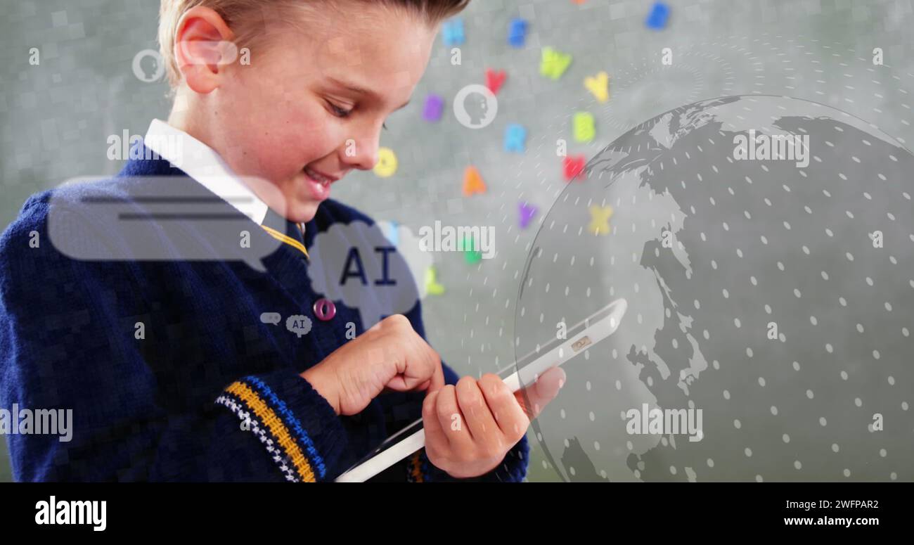 Image of ai data processing over caucasian boy using tablet Stock Photo ...
