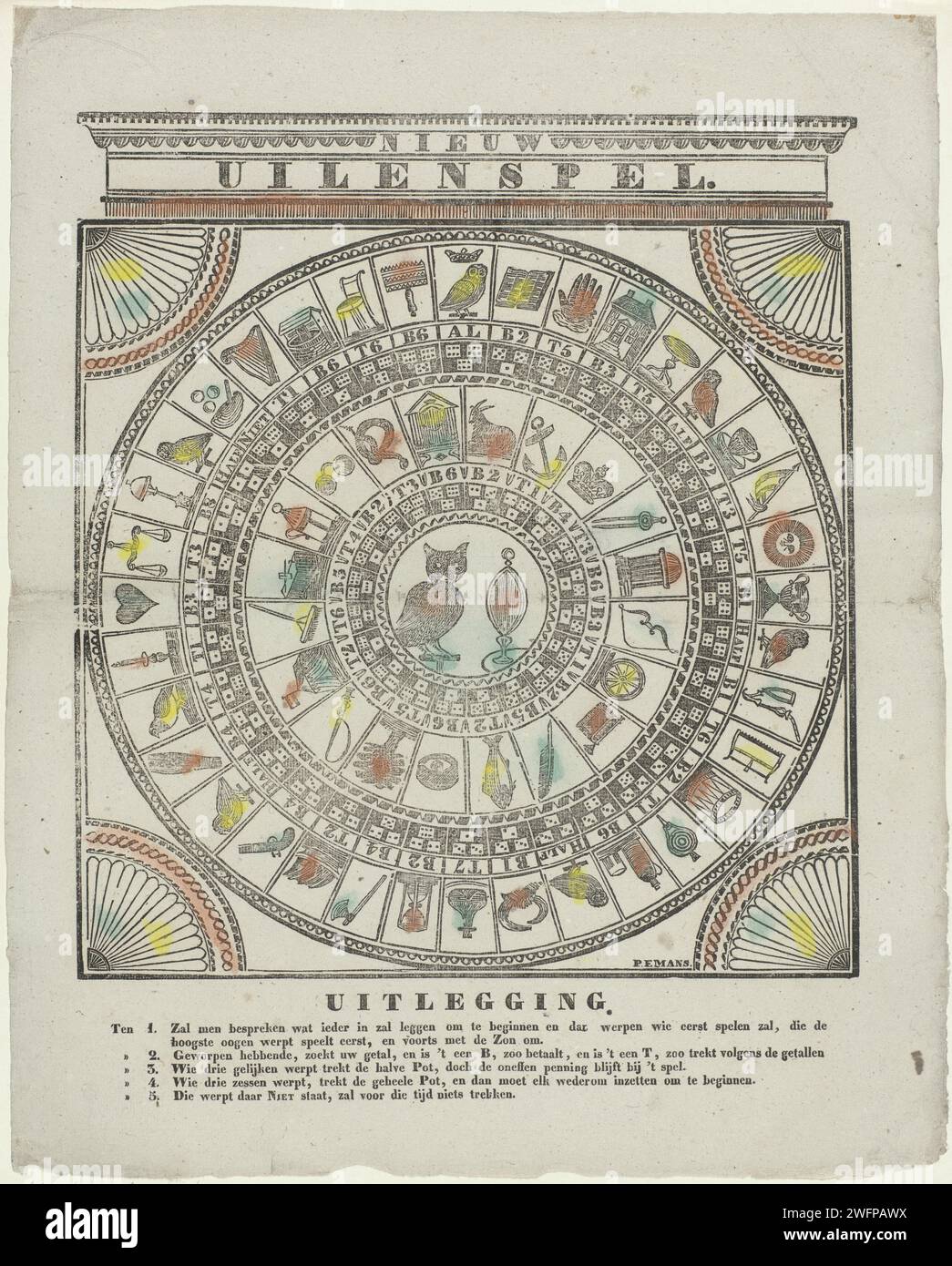 New / Uilenspel, Paulus Emans, 1832 1850 print. gameboard The owl