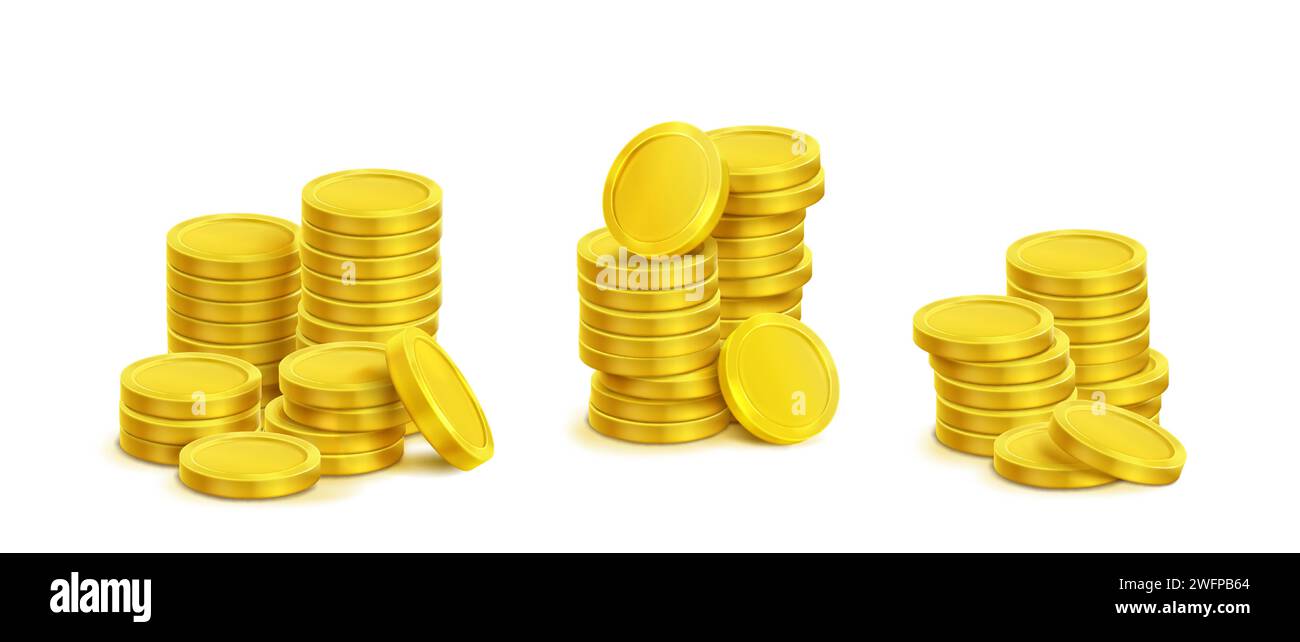 Gold coin stack with different sizes of cash money pile in realistic 3d ...