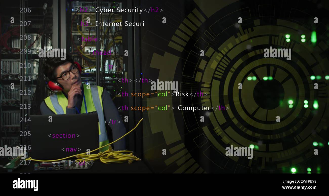 Image of processing circle over asian man working on laptop in server ...