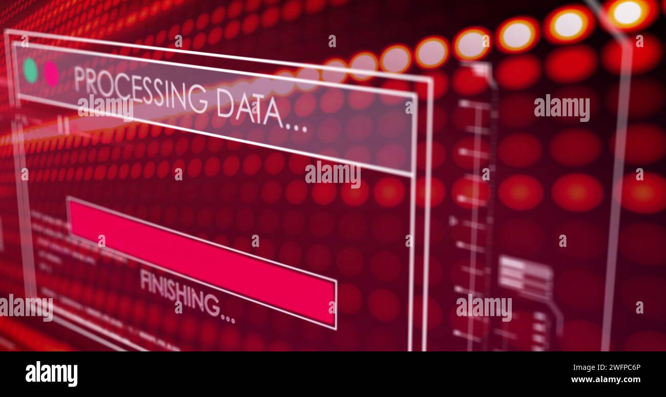 A digital screen displays 'Processing Data' in a tech environment Stock Photo