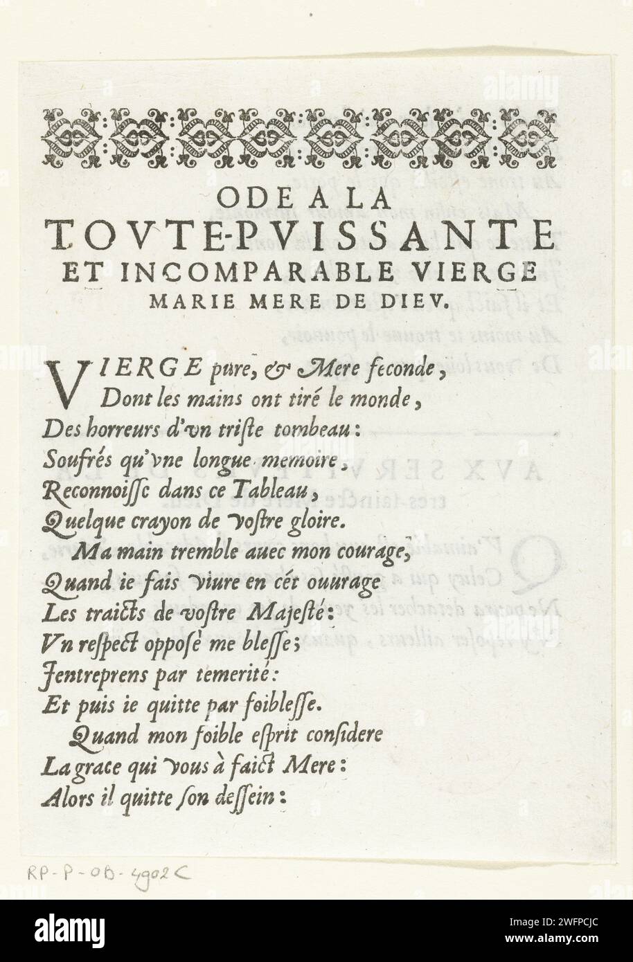 Lofzang on Maria, belonging to the emblem series 'Life of Maria in Emblemen', 1625 - 1629 text sheet A praising text, addressed to Mary, set in French verses. This magazine (printed on both sides) is part of the first state of the emblem series 'Life of Maria in Emblemen', which includes two hydrangations and 26 emblems in addition to a title page and this hymn. Francepublisher: Franceprint maker: Nancy paper letterpress printing Stock Photo