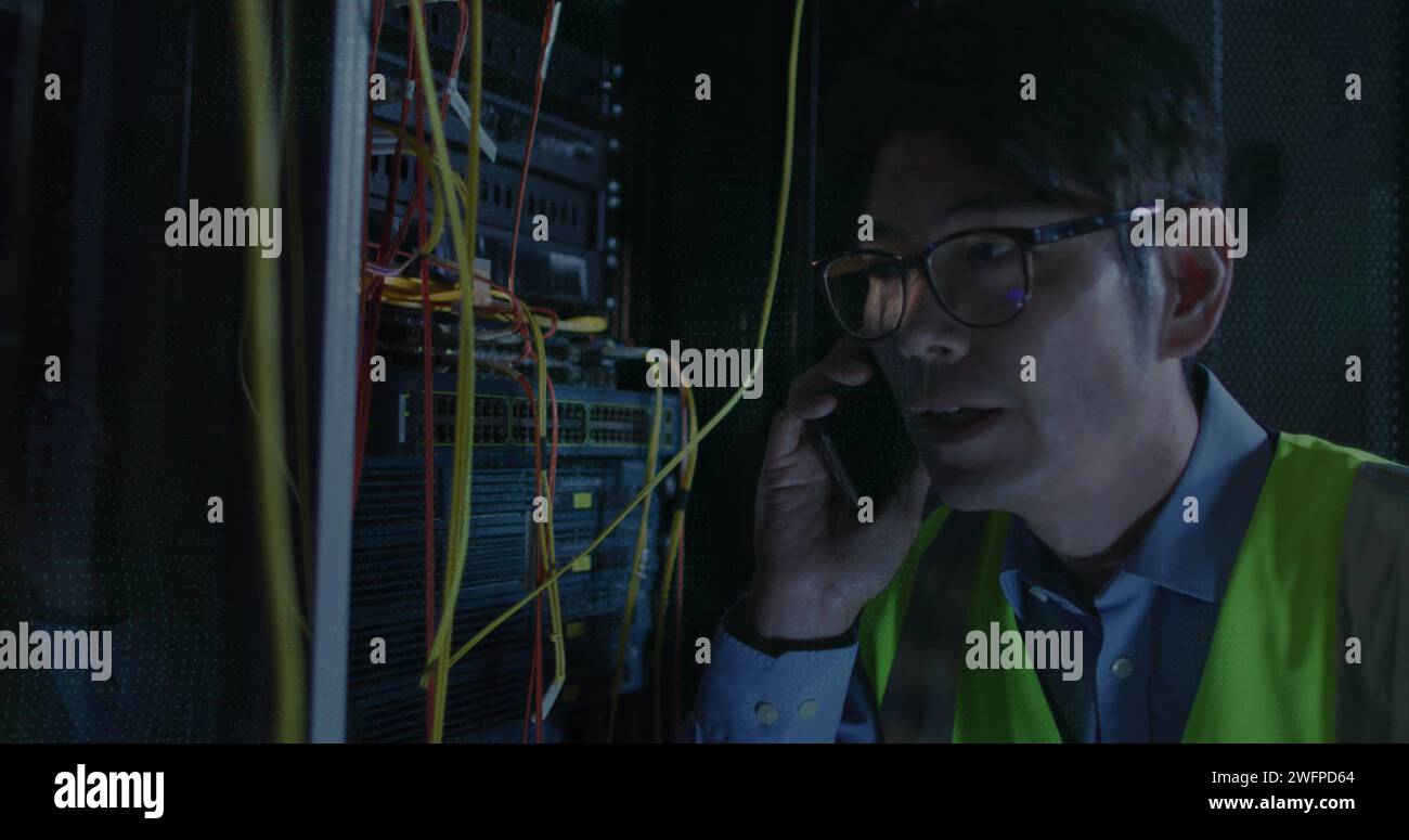 Image of chain and data processing over asian male it engineer by ...