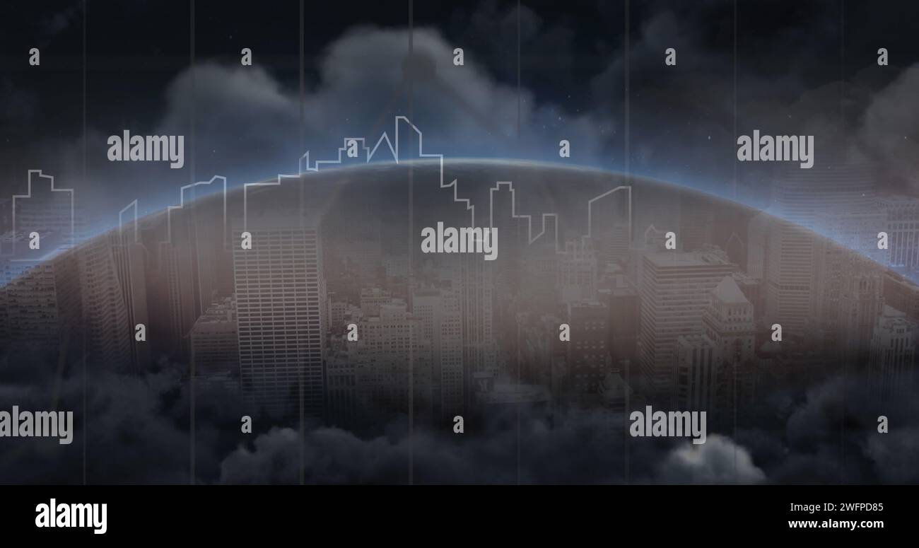 Image of social media icons over globe and cityscape Stock Photo - Alamy