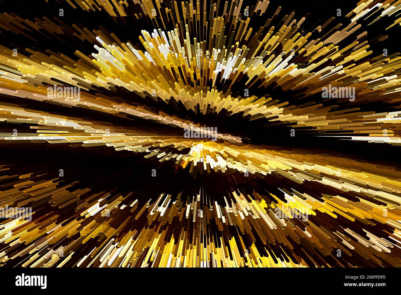 Yellow-brown-gold extrusion on black background. Blocks fly in different directions. Technology, abstract  backdrop Stock Photo