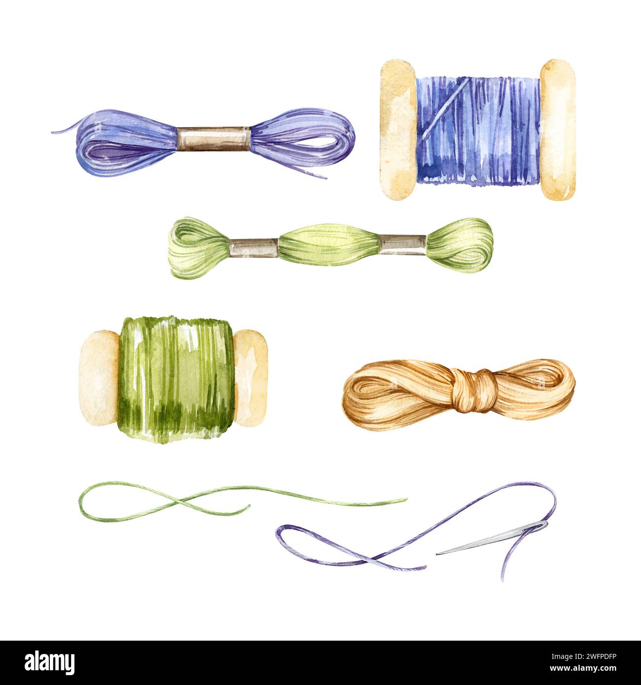 watercolor set of embroidery theme, hand drawn sketch of handiwork with