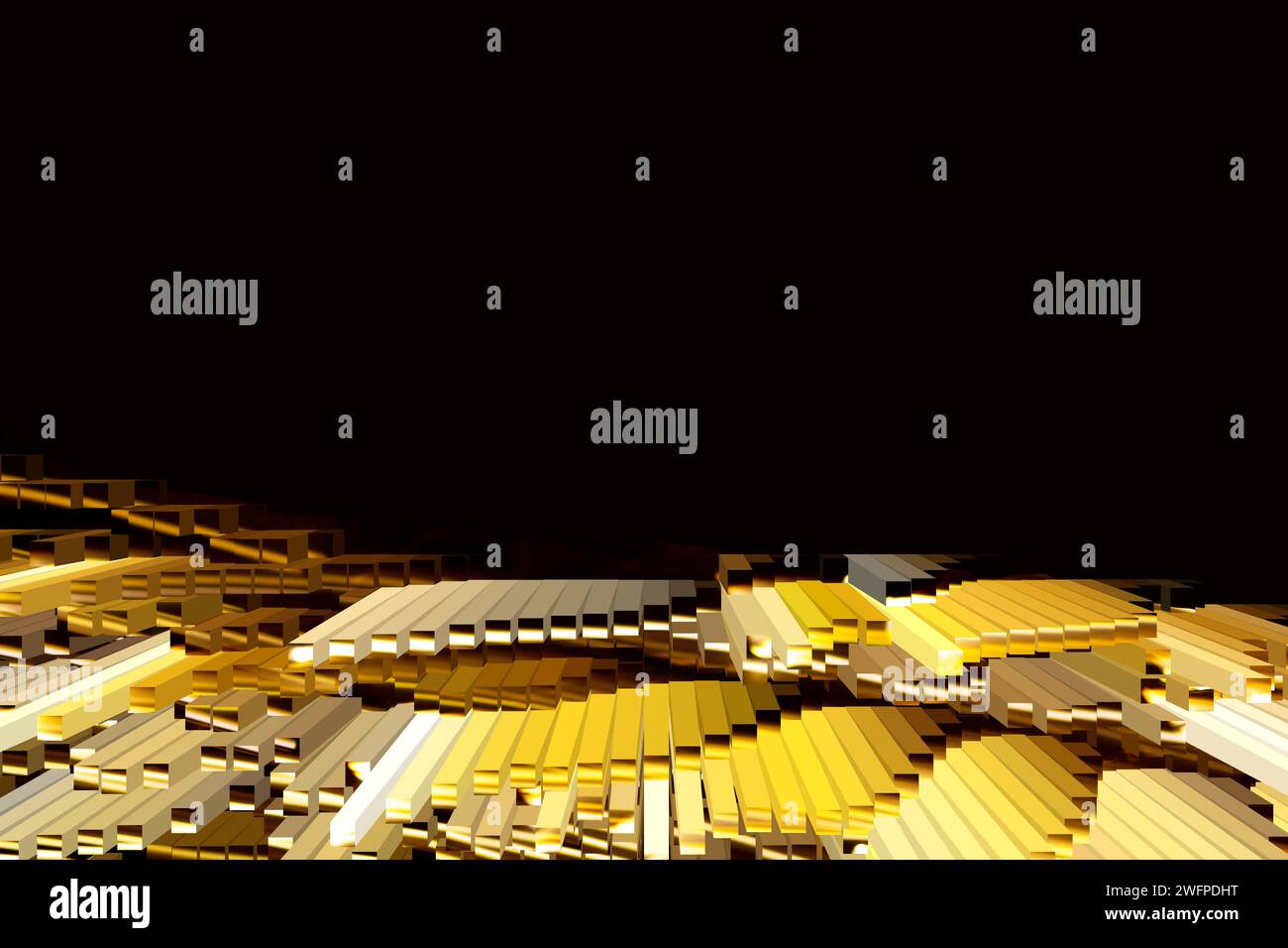 Yellow brown golden extrusion on isolated black background. Blocks of gold in different directions. Abstract background. Copy space Stock Photo