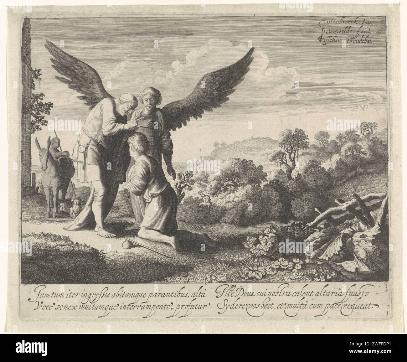 Tobias blessed by the blind Tobit, Jan van de Velde (II), After Moyses van Wtenbrouck, 1603 - 1652 print Tobit blesses his son Tobias before he leaves the angel Rafaël. First print from a series of four about the Bible story of Tobias. Amsterdam paper etching / engraving Tobias and the angel Raphael with Tobit (and Anna) Stock Photo
