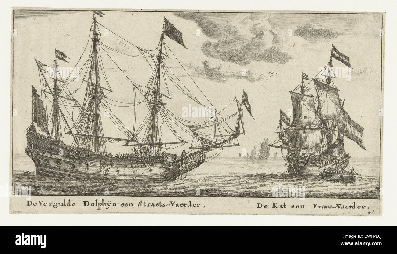 The ships the gilded dolphin and the cat, Reinier Nooms, 1652 - 1654 print The gilt dolphijn, a large merchant ship sailing on the Strait of Gibraltar, and the cat, a merchant ship sailing on France. Netherlands paper etching / drypoint sailing-ship, sailing-boat (CATSHIP). sailing-ship, sailing-boat (with NAME) Stock Photo