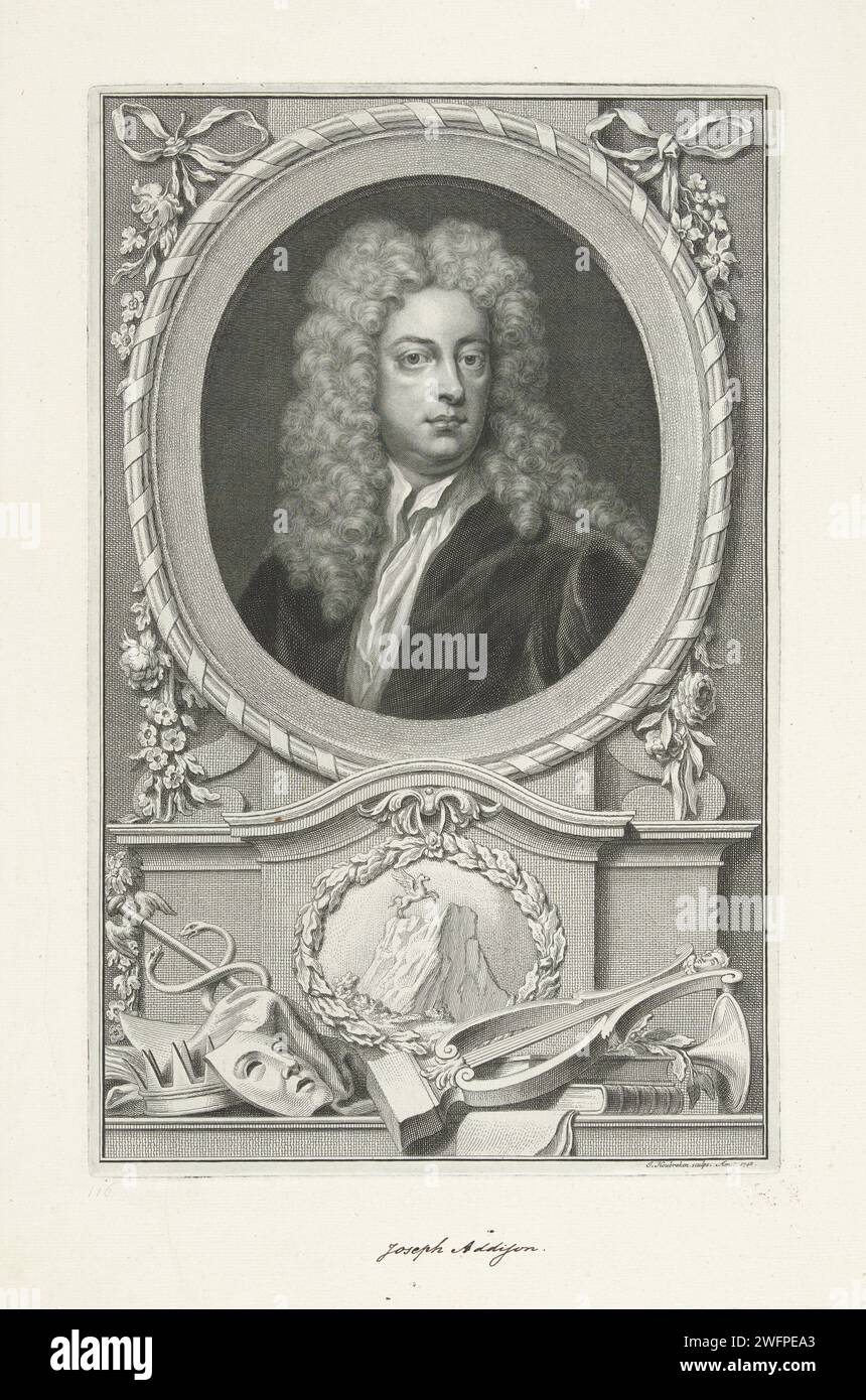 Portrait of Joseph Addison, Jacob Houbraken, After Gottfried Kneller, 1748 print Portrait of the English politician and writer Joseph Addison. Under the portrait, an image of Pegasus on Mount Helicon, with a laurel wreath surrounded by a laurel wreath, with the holy source the hippocrene under his hooves, as a reference to the arts. Also under the portrait there are a winch, a trumpet, a mask, a crown and a caduceus. Amsterdam paper etching / engraving / pen Hippocrene (fountain of Mount Helicon), produced when Pegasus' hoof struck the ground. lyre, cithara, psaltery. caduceus (staff with two Stock Photo