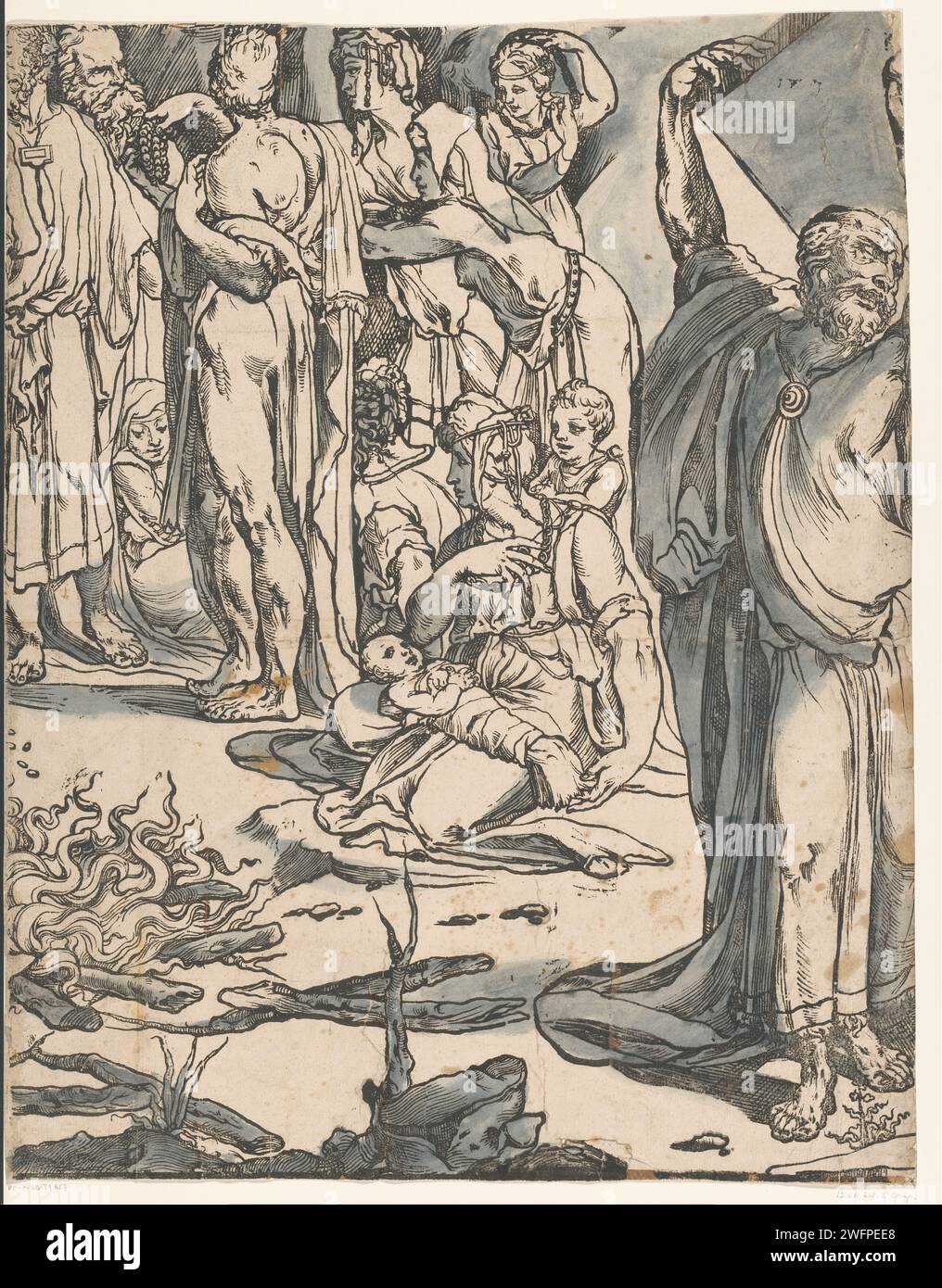 Mozes breaks the Tables of the Law (second part), Andrea Andreani, After Francesco Vanni, After Domenico Beccafumi, 1590 print Moses holds a stone tablet above his head, ready to throw it on the floor. On the right the Golden Calf that is honored by the people. On the left the Israelites who throw gold jewelry in the fire to forge the Golden Calf of it. print maker: Italyafter design by: Siena paper. ink brush / pen on seeing the idolaters Moses breaks the tables of the law Stock Photo