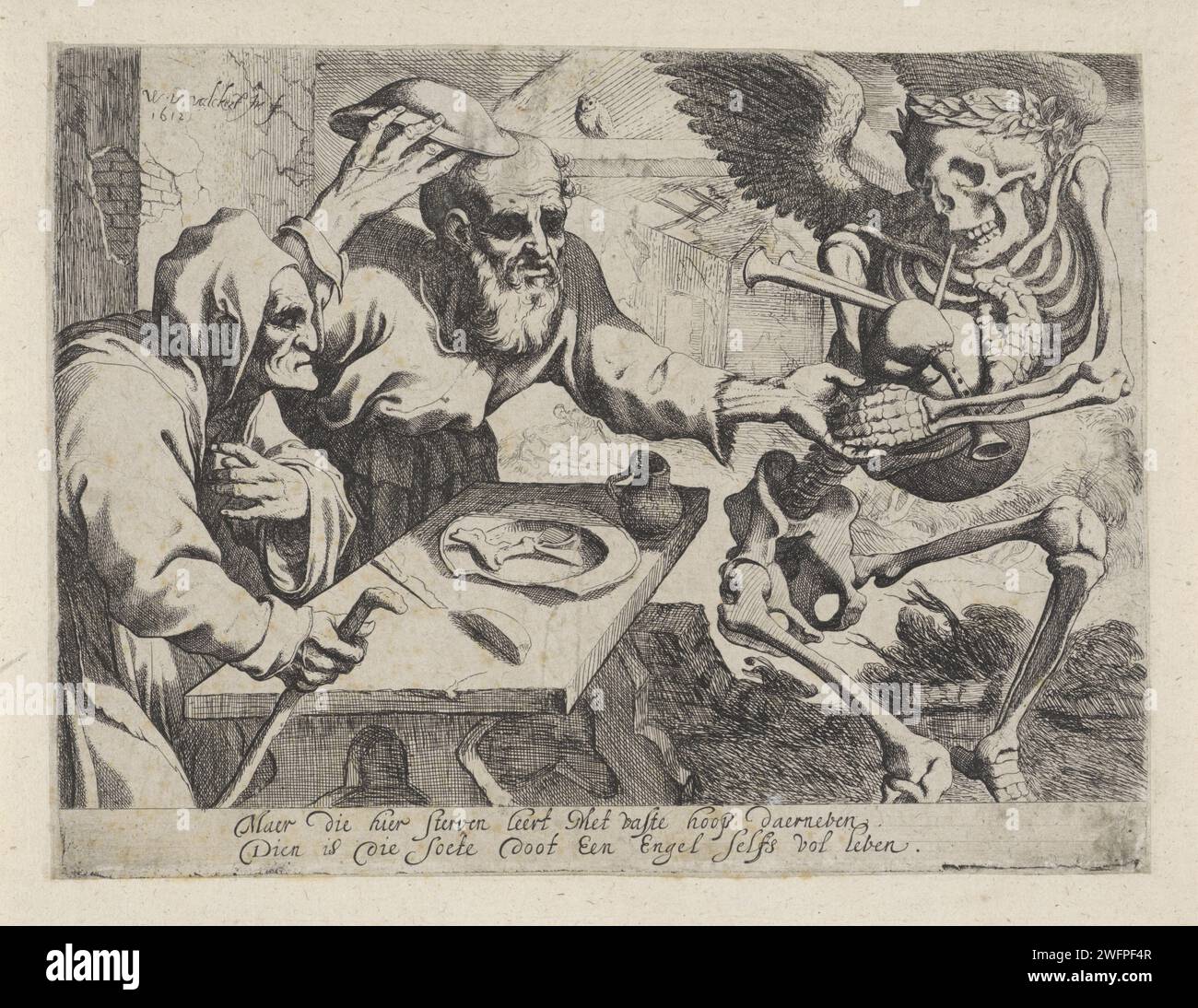 Old couple with bagpocket playing death, Werner van den Valckert, 1612 ...