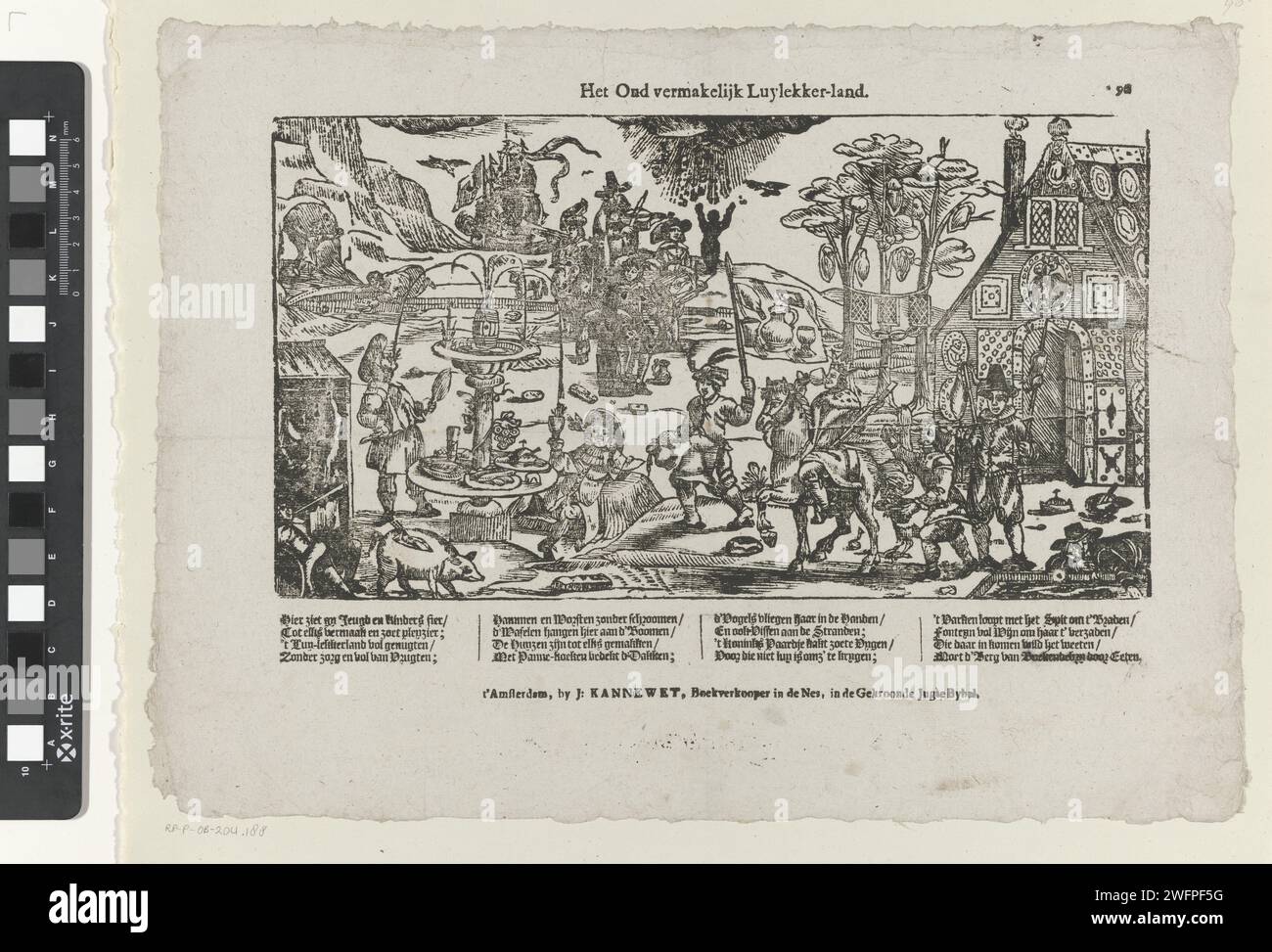 The Old entertaining Luylekker -Land, 1725 - 1780 print Leaf with a large performance of partying and eating people in the Luilekkerland. Drinks come from a fountain, there is meat hanging in the trees and food comes from the sky. Under the show a caption in four columns. Numbered at the top right: *96. publisher: Amsterdamprint maker: Netherlands paper letterpress printing Land of Cockaigne Stock Photo