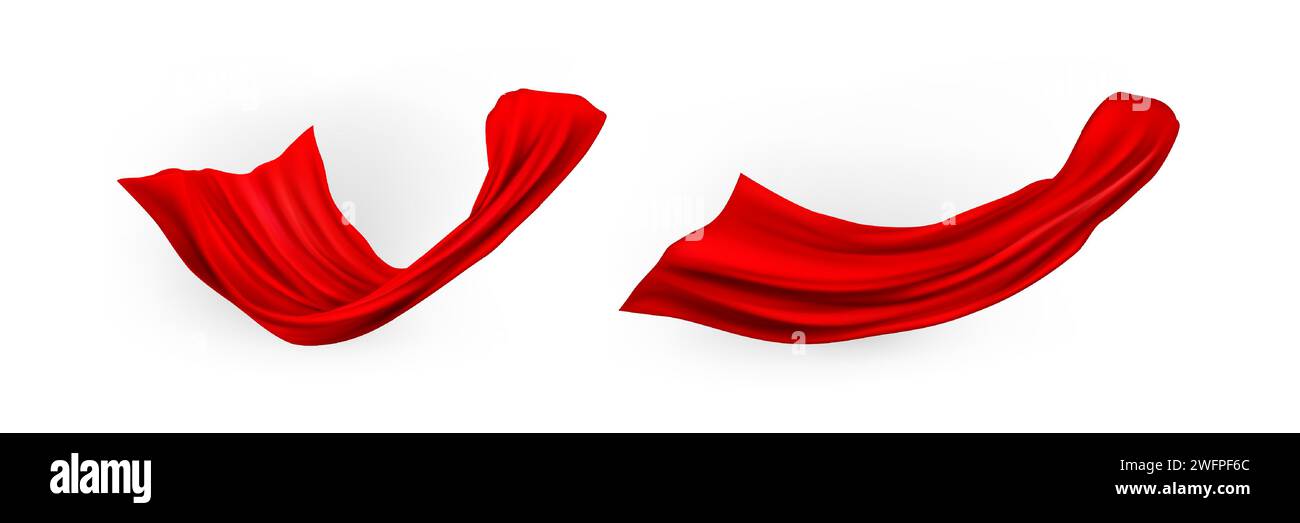 Red superhero cape set isolated on white background. Vector realistic illustration of silk cloth drapery flying in wind, halloween costume mantle, textile curtain for home interior design, satin scarf Stock Vector