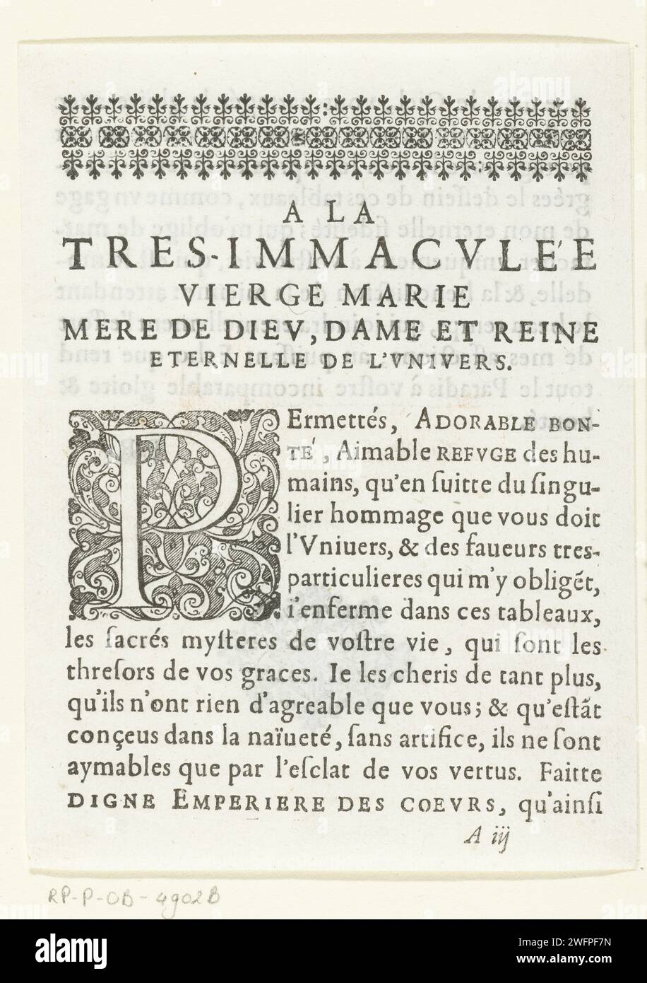 Lofzang on Maria, belonging to the emblem series 'Life of Maria in Emblemen', 1625 - 1629 text sheet A praising text, addressed to Maria, in French prose. This magazine (printed on both sides) is part of the first state of the emblem series 'Life of Maria in Emblemen', which includes two hydrangations and 26 emblems in addition to a title page and this hymn. Francepublisher: Franceprint maker: Nancy paper letterpress printing Stock Photo