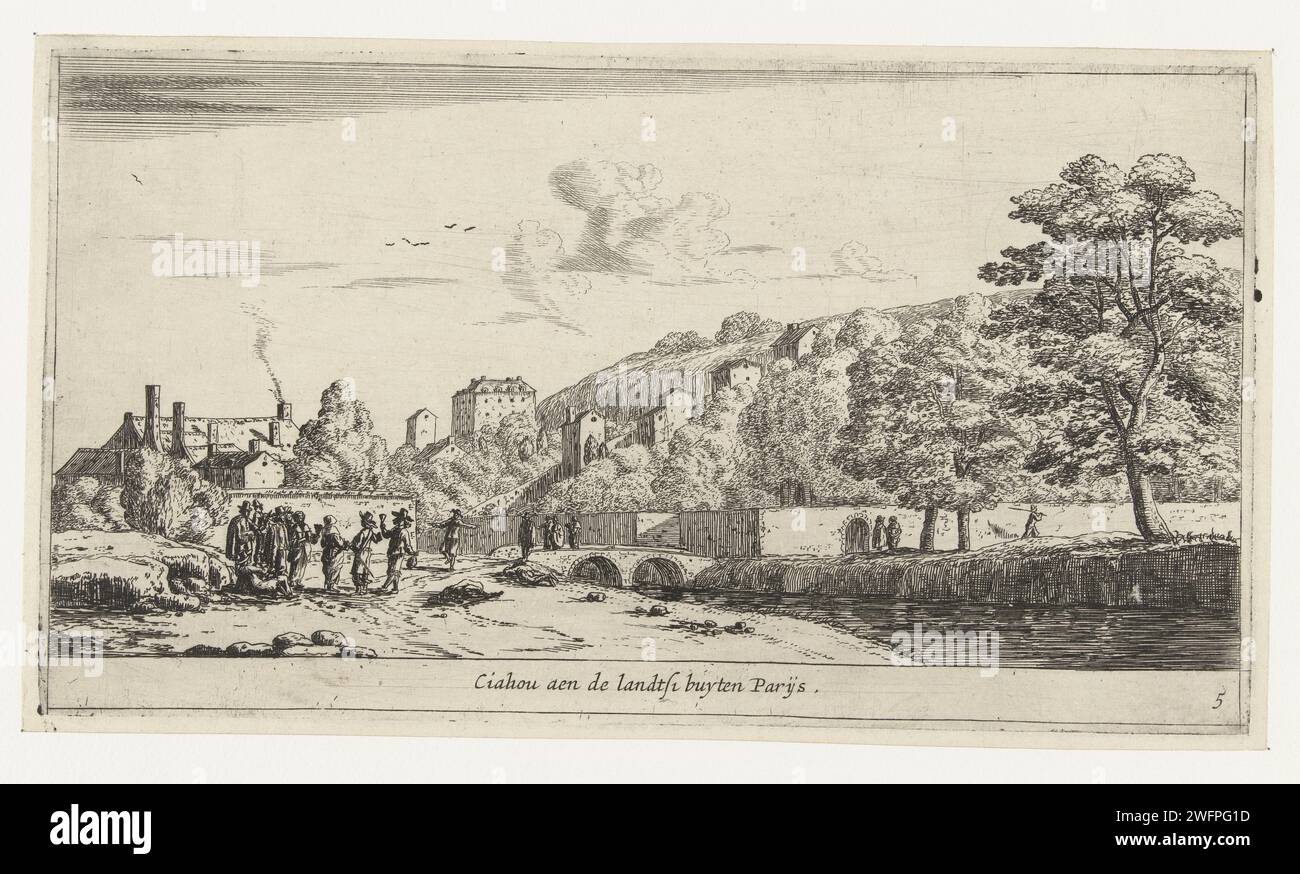 View of Chaillot, Reinier Nooms, 1656 - 1662 print View of the village of Chaillot on the river, just outside of Paris. A number of people meet on the bank.  paper etching / drypoint village Paris Stock Photo