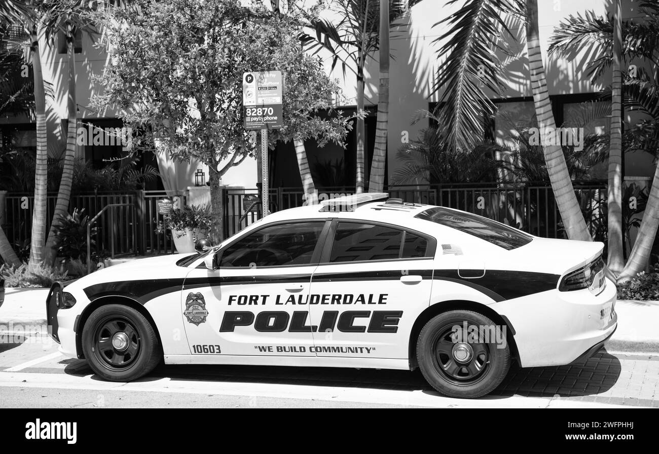 Miami, Florida USA - March 25, 2023: Dodge Charger police emergency car in miami fort lauderdale, side view. Stock Photo