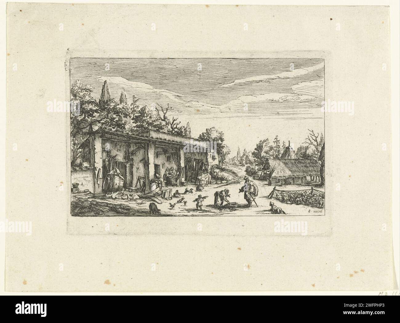 Elias en de Weduwe van Sarepta, François Collignon (Awarded to), after Jacques Callot, 1619 - 1657 print View of a farm yard. On the right is a group of goats within a fence. In the foreground, an old man (Elias) talks to a woman (the widow of Sarepta) while she gathering wood with her son. Three wax women watch. France paper etching when the brook dries up, Elijah crosses over to the city of Zarephath; at the gate he meets a woman and her little son gathering wood (the woman's sticks may form a cross) Stock Photo