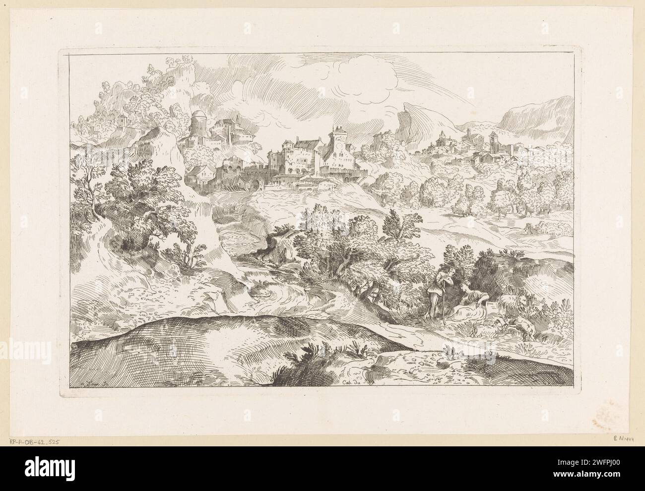 Mountain landscape with shepherds and in the background two villages, Anne Claude Philippe Caylus, After Titian, 1702 - 1765 print  France paper etching mountains - HH - ideal landscapes. prospect of village, silhouette of village. herding, herdsman, herdswoman, shepherd, shepherdess, cowherd, etc. Stock Photo