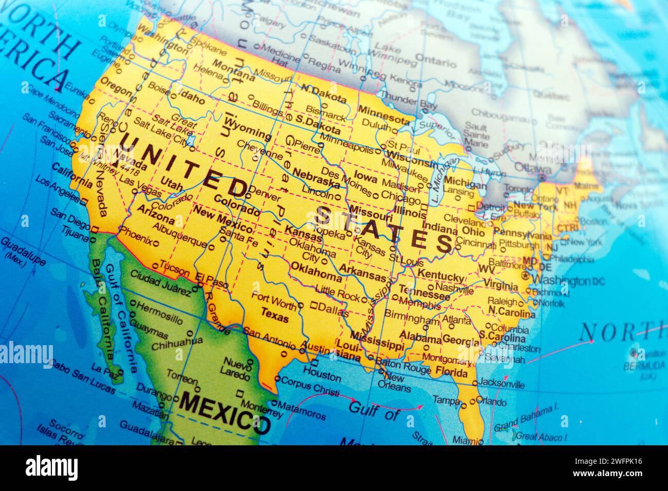 united states of american map with neighbouring country canada and mexico with popular cities Stock Photo
