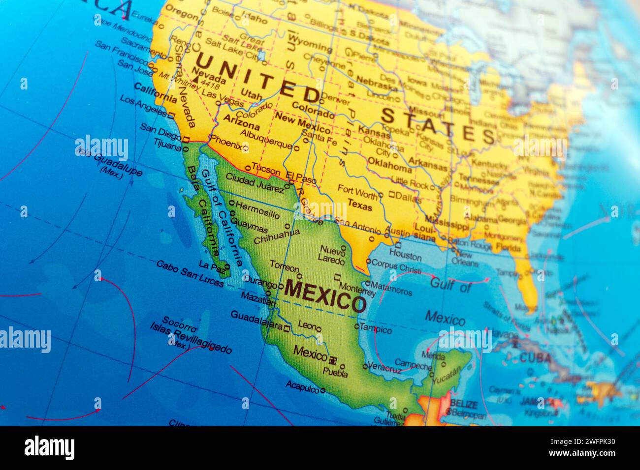 united states of america and mexico map or atlas border with virginia, alabama, new york, washington, carolina, florida, georgia and orlando in close Stock Photo