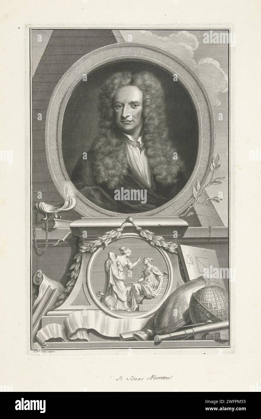 Portrait of Isaac Newton, Jacob Houbraken, After Gottfried Kneller, 1741 - 1743 print Portrait of Isaac Newton with a pyramid in the background. Under the portrait and medallion with two allegorical women's figures with measuring instruments and a plaque with geometric figures. On the right a stargazer and an armillarium with the signs of the zodiac. Amsterdam paper engraving / etching / pen historical persons. armillary sphere, skeleton celestial globe Stock Photo